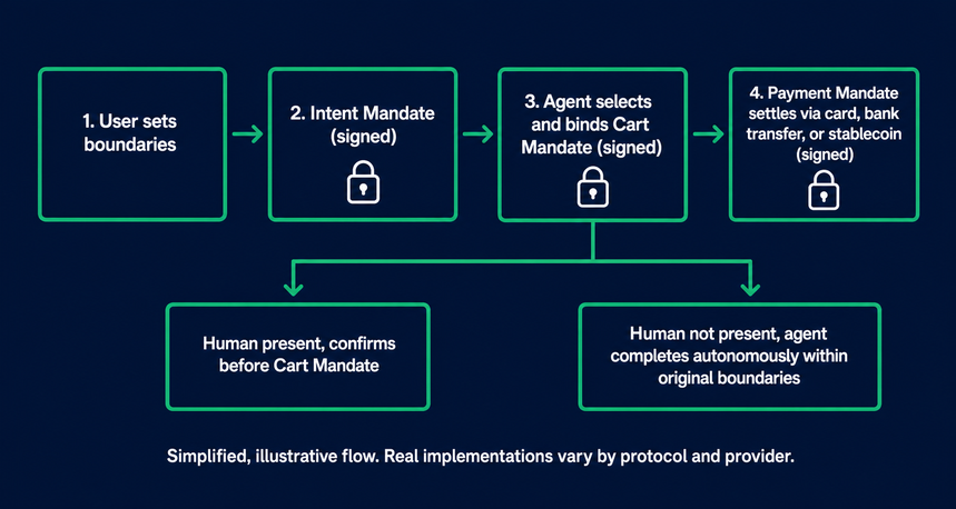 Illustrative flow diagram showing the mandate chain: User sets boundaries, then a signed Intent Mandate, then the agent selects and binds a signed Cart Mandate, then a signed Payment Mandate settles via card, bank transfer, or stablecoin. Below, a branch shows two paths: human present, confirms before Cart Mandate, and human not present, agent completes autonomously within original boundaries. Captioned simplified, illustrative flow, real implementations vary by protocol and provider.
