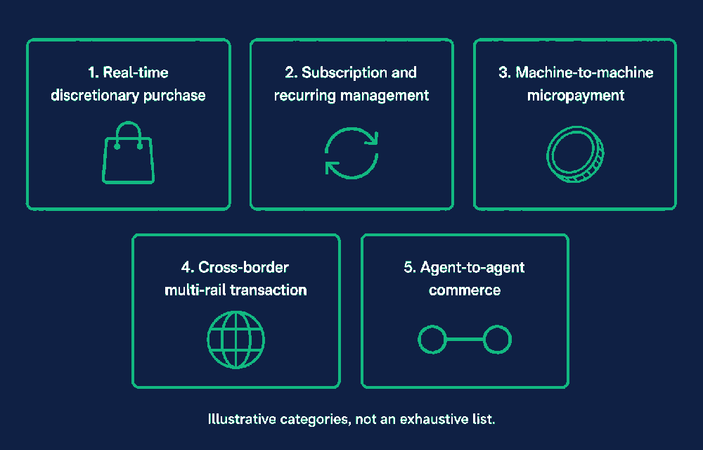 Illustrative diagram of five transaction type categories, each in a labelled box with a small generic icon: real-time discretionary purchase, subscription and recurring management, machine-to-machine micropayment, cross-border multi-rail transaction, and agent-to-agent commerce. Captioned illustrative categories, not an exhaustive list.