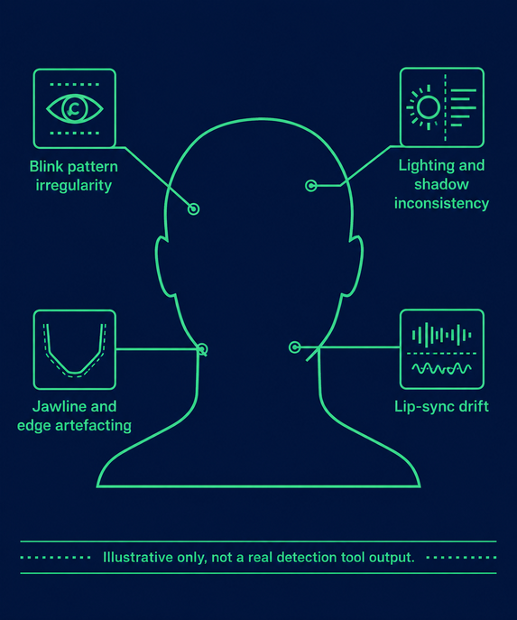 Illustrative diagram of an abstract, non-identifiable head silhouette with four labelled detection-signal callouts: blink pattern irregularity, lighting and shadow inconsistency, jawline and edge artefacting, and lip-sync drift. Captioned illustrative only, not a real detection tool output.