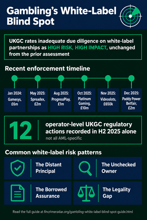 Gambling's White-Label Blind Spot summary infographic showing UKGC's high risk, high impact rating on white-label due diligence, the licensee to partner brand to end customer structure with the compliance obligation running back to the licensee, six enforcement actions from January 2024 to December 2025 including Platinum Gaming's GBP10m fine, the 12 operator-level regulatory actions recorded in H2 2025, and the four Risk, Signal, Response patterns: The Distant Principal, The Unchecked Owner, The Borrowed Assurance, and The Legality Gap.